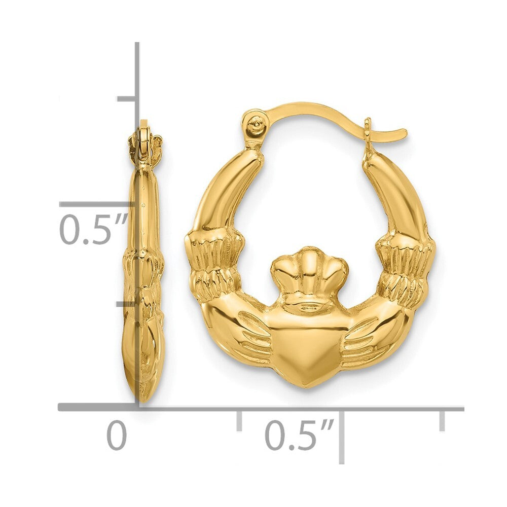 14k Yellow Gold Polished Claddagh Hoop Earrings Gift for Women