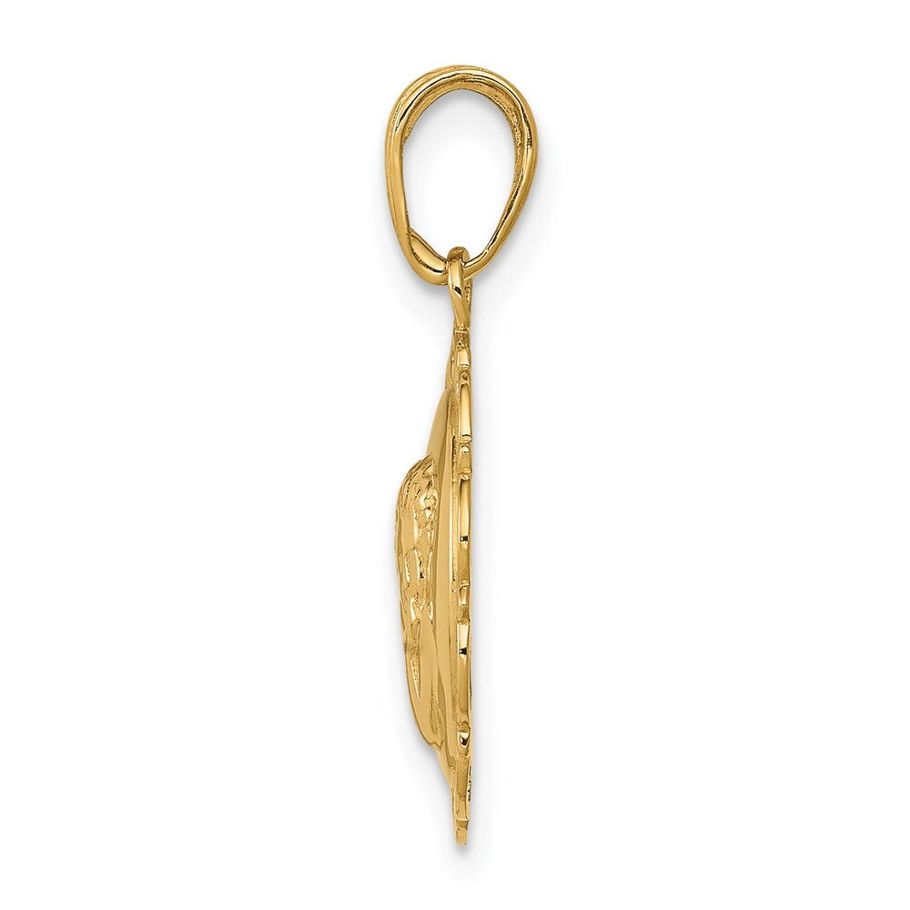 14k Yellow Gold Polished Angel On Round Scallop Frame Pendant for Women