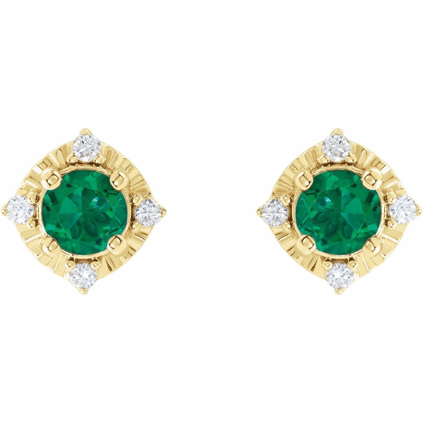 14k Yellow Gold Lab-Grown Emerald and .08 CTW Diamond Halo-Style Stud Earrings