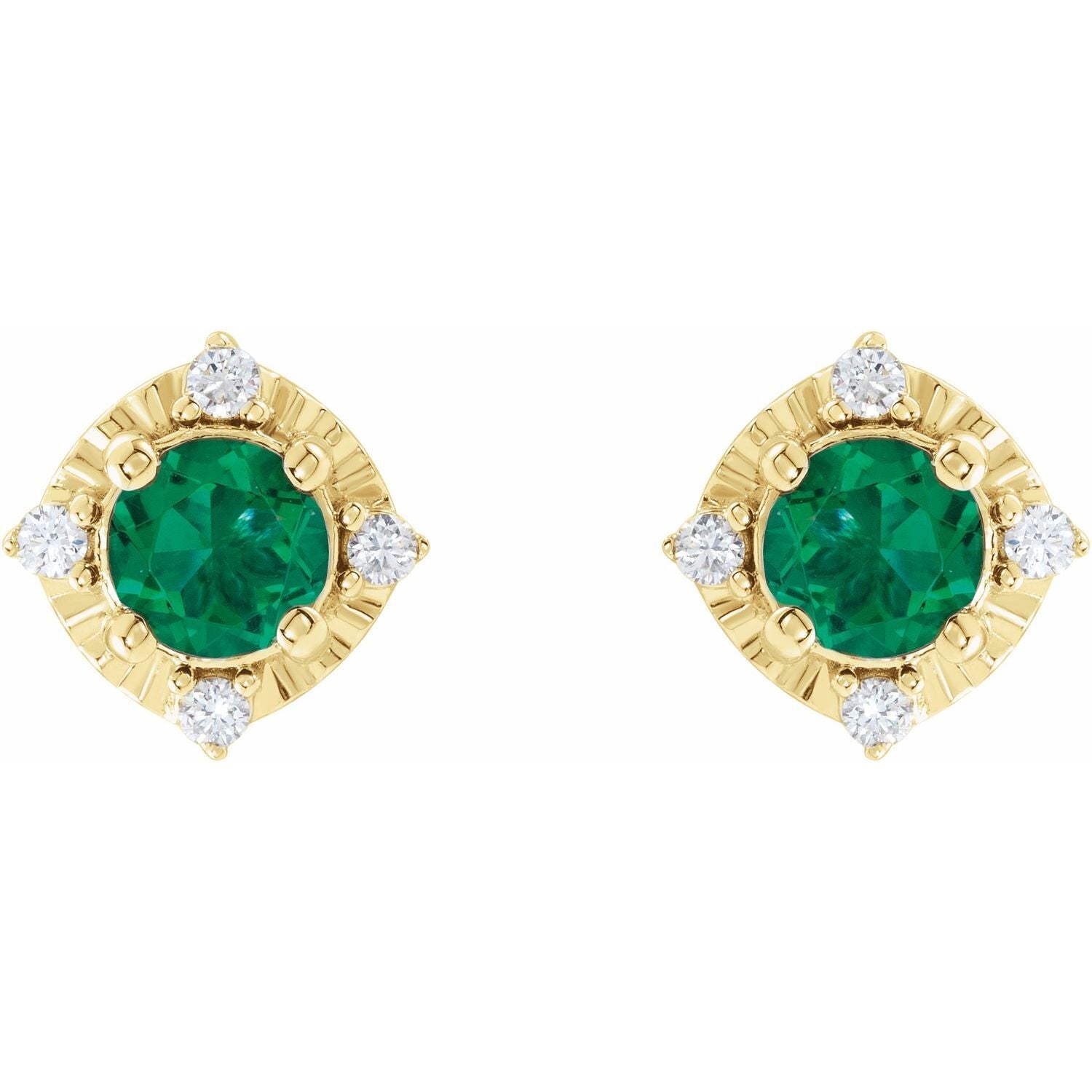 14k Yellow Gold Lab-Grown Emerald and .08 CTW Diamond Halo-Style Stud Earrings