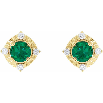 14k Yellow Gold Lab-Grown Emerald and .08 CTW Diamond Halo-Style Stud Earrings