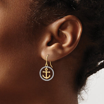14k Yellow Gold and Rhodium Diamond-Cut Anchor Dangle in Circle Dangle Earrings
