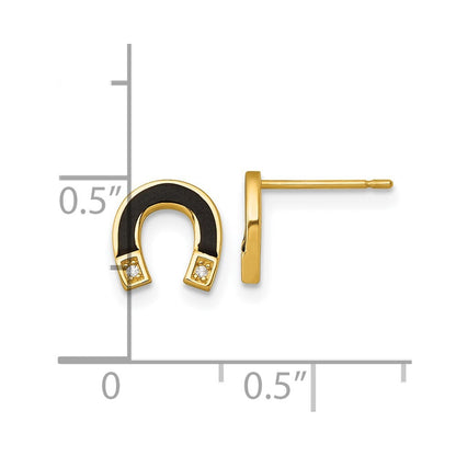 14k Yellow Gold Polished Black Enamel and Cubic Zirconia Horseshoe Stud Earrings