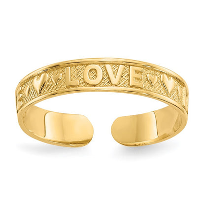 14k Yellow Gold Polished LOVE and Hearts Toe Ring
