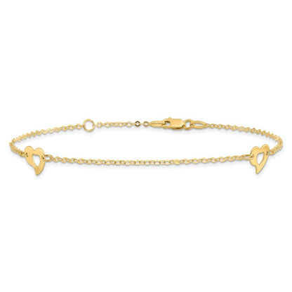 14k Yellow Gold Polished Cut-out Heart 10" Anklet