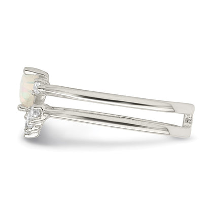 Sterling Silver CZ & Heart Created White Opal Double Band Ring Size 6