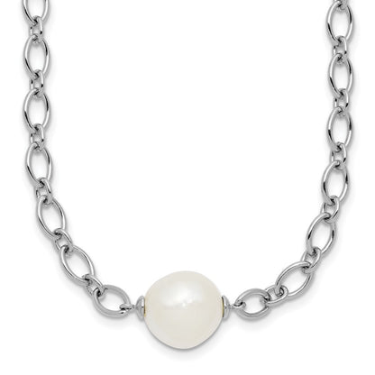 Sterling Silver 12mm White Cultured Pearl Open Link Cable Chain Necklace 18"