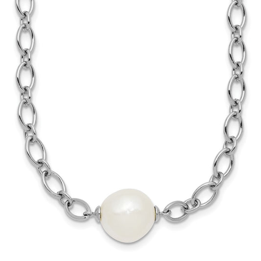 Sterling Silver 12mm White Cultured Pearl Open Link Cable Chain Necklace 18"