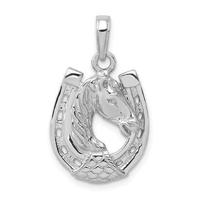 14k White Gold Solid Polished Horse Head in Horseshoe Pendant for Women