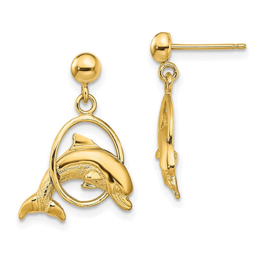 14k Yellow Gold 2-D Polished Dolphin Jumping Through Hoop Earrings