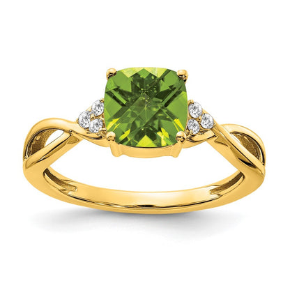14K Yellow Gold Checkerboard Peridot and Diamond Ring Size 7
