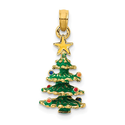 14k Yellow Gold 3D Enameled Christmas Tree Pendant for Women