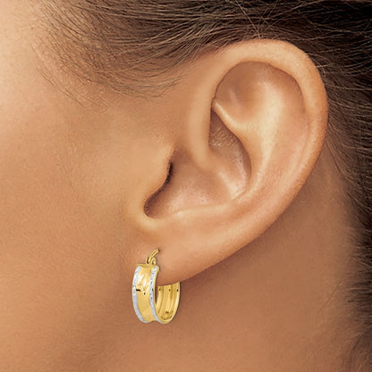 14k Yellow Gold White Rhodium Polished Diamond-cut Hoops