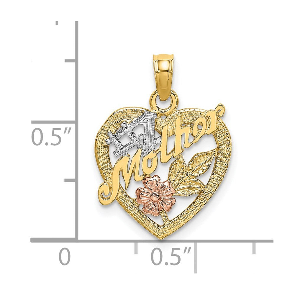 14K Two-tone with White Rhodium #1 MOTHER Heart with Flower Charm