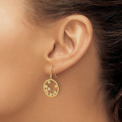 14k Yellow Gold and White Rhodium Diamond-Cut Stars in Circle Dangle Earrings