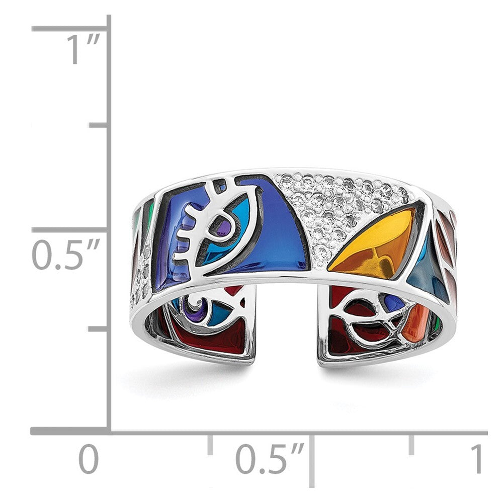 Sterling Silver Abstract Multi-color Enamel & Cubic Zirconia Cuff Ring SZ 8