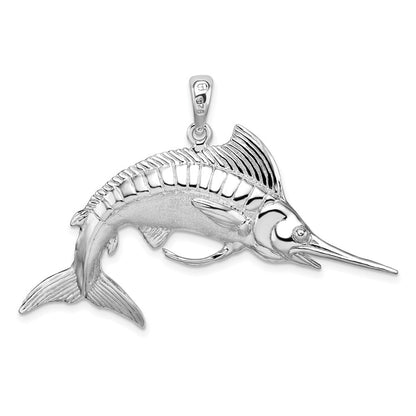 Sterling Silver Rhodium-Plated Polished and Satin 3D White Marlin Pendant