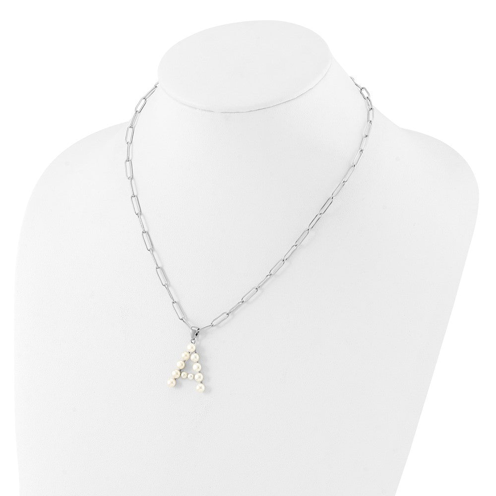 Sterling Silver 3-5.5mm White Button Cultured Pearl LETTER A Necklace 18"