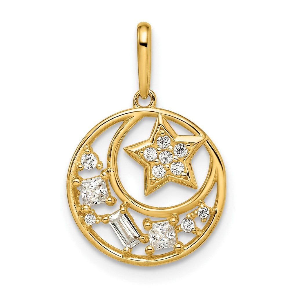 14k Yellow Gold CZ Star and Moon Pendant