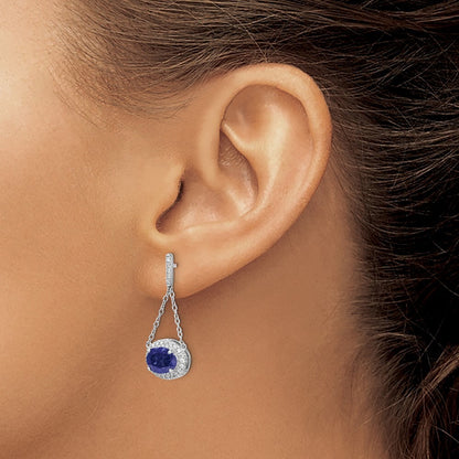 14k White Gold Oval Created Sapphire and Diamond Dangle Earrings