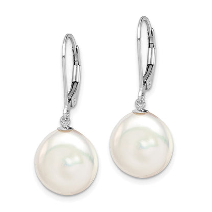 Sterling Silver 12-13mm Coin Freshwater Cultured Pearl Leverback Dangle Earrings