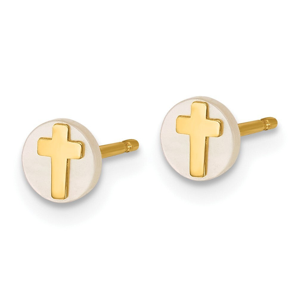 14k Yellow Gold Polished Round Mother of Pearl with Cross Stud Earrings