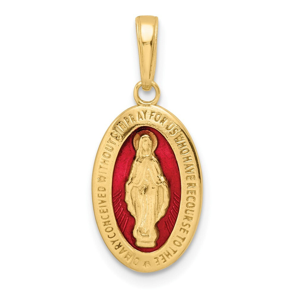 14k Yellow Gold Red Enameled Miraculous Medal Pendant for Women