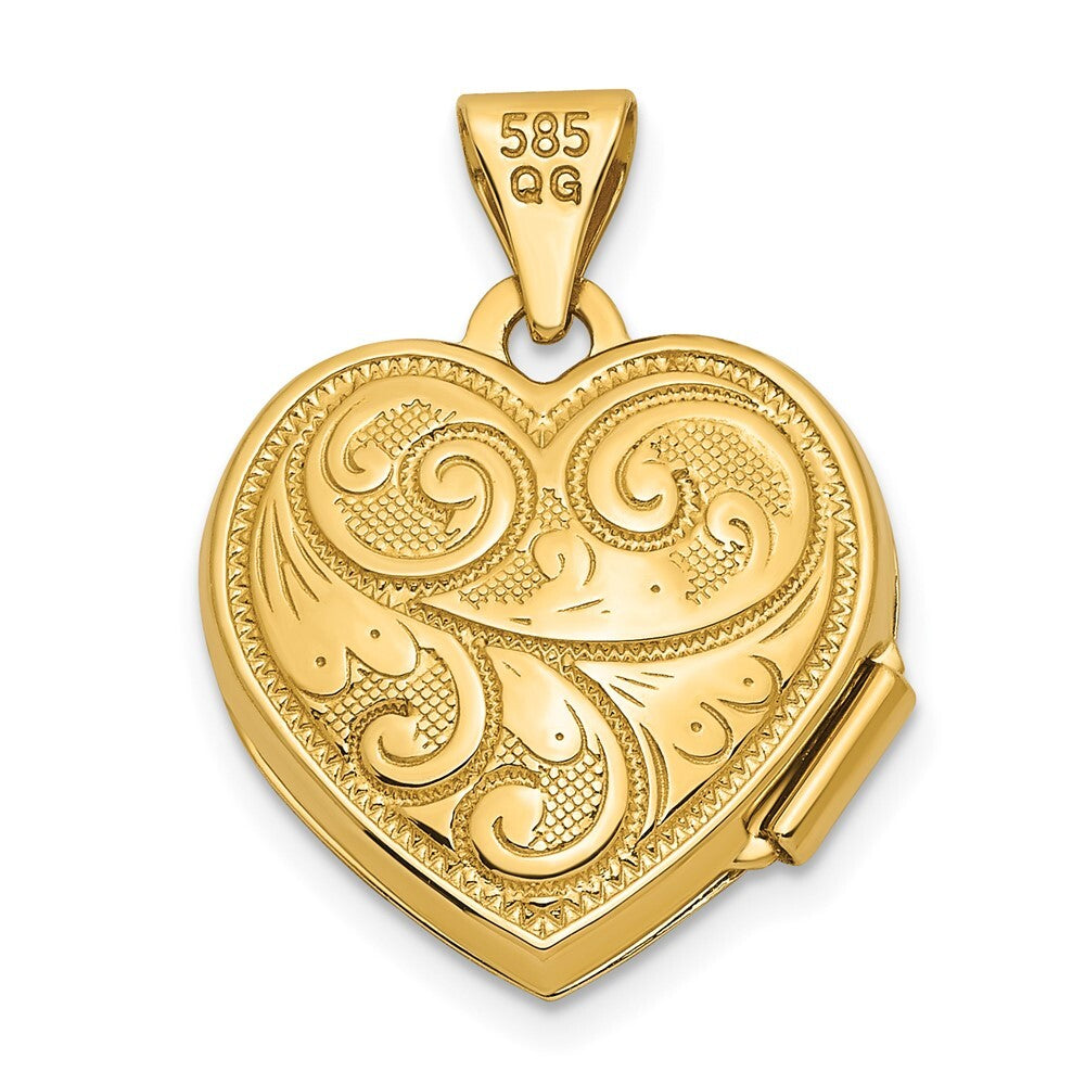 14k Yellow Gold Reversible Swirl Design 15mm Heart Locket Pendant for Women