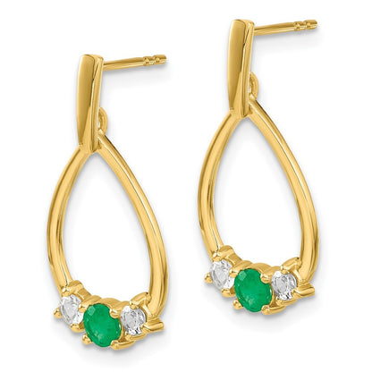 14k Yellow Gold  Emerald and White Sapphire Dangle Earrings