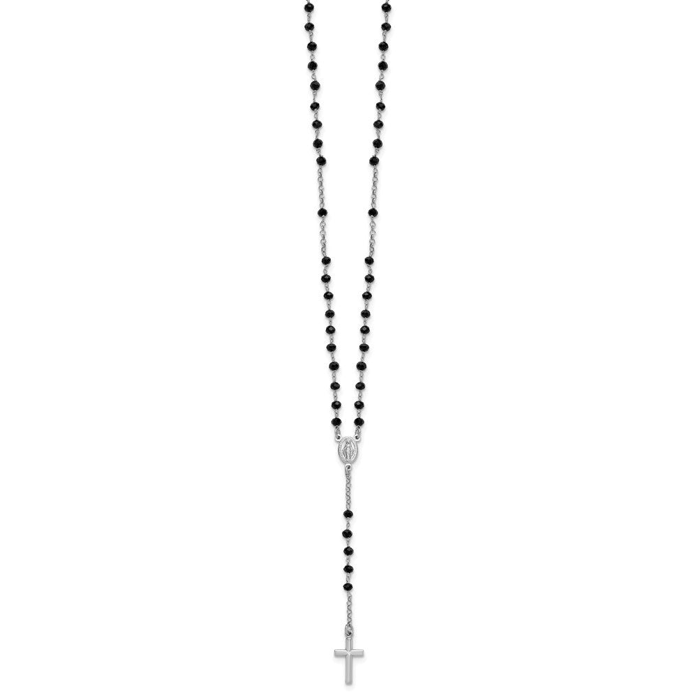 Sterling Silver Rhodium-plated Black Crystal Rosary Necklace 18.5" with 1" ext