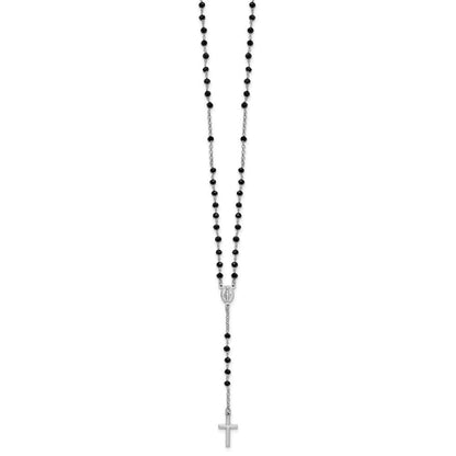 Sterling Silver Rhodium-plated Black Crystal Rosary Necklace 18.5" with 1" ext