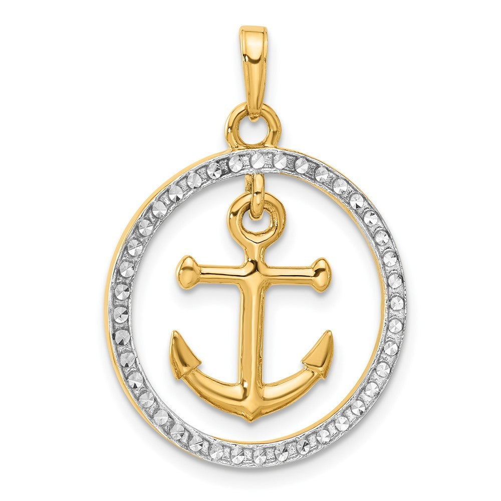 14k Yellow Gold and White Rhodium Diamond-Cut Anchor Dangle in Circle Pendant