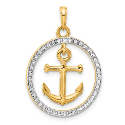 14k Yellow Gold and White Rhodium Diamond-Cut Anchor Dangle in Circle Pendant