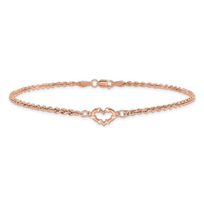 14k Rose Gold Diamond-cut Open Heart and Rope Chain 9 inch Anklet