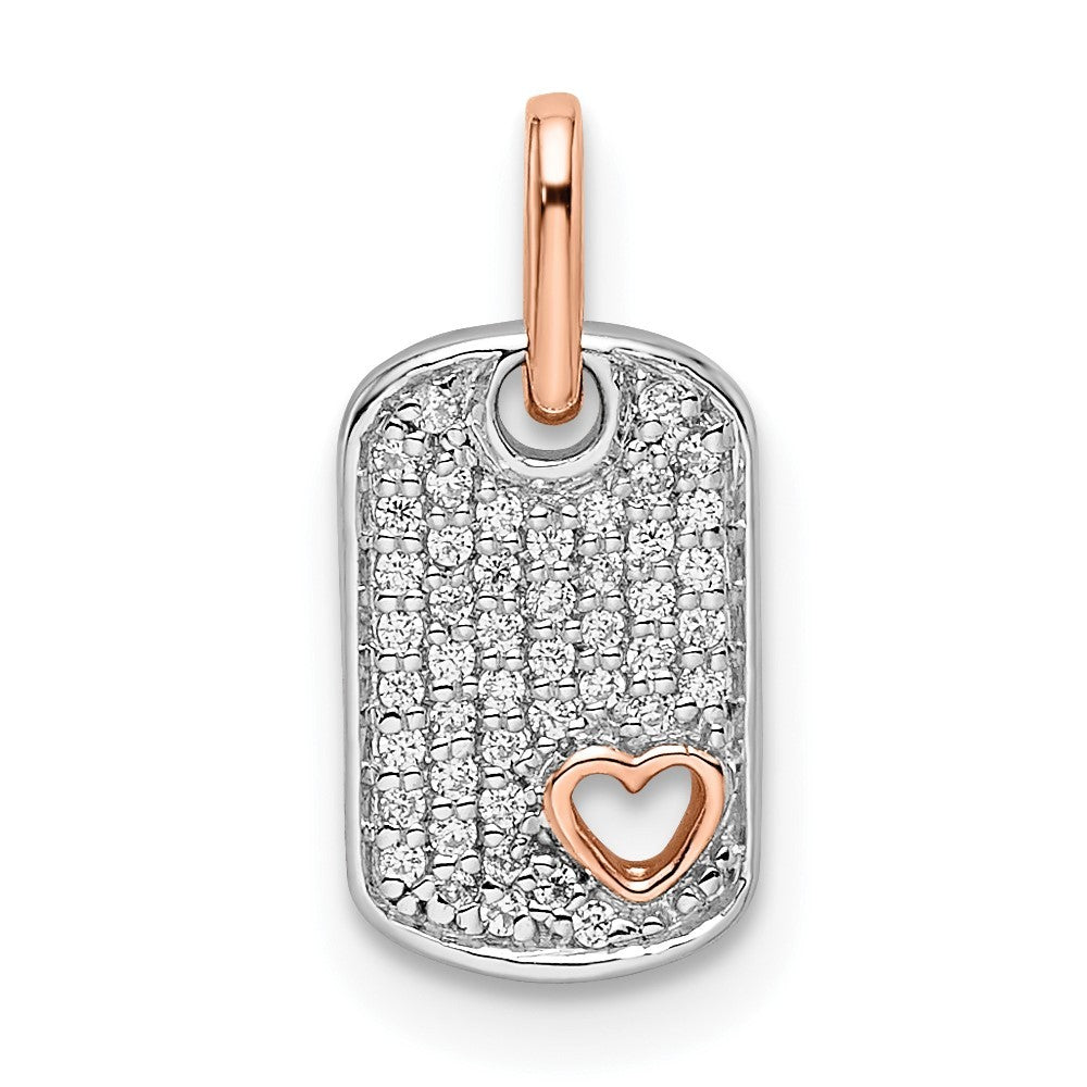 14k Two-tone White and Rose Small Dog Tag with Heart Diamond Pendant