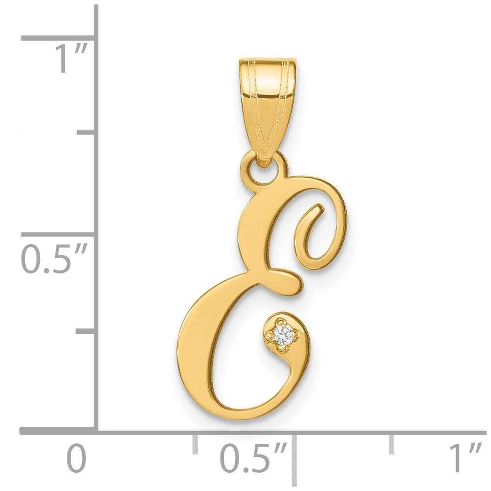 14k Yellow Gold Script Letter E Initial Pendant with Diamond for Women