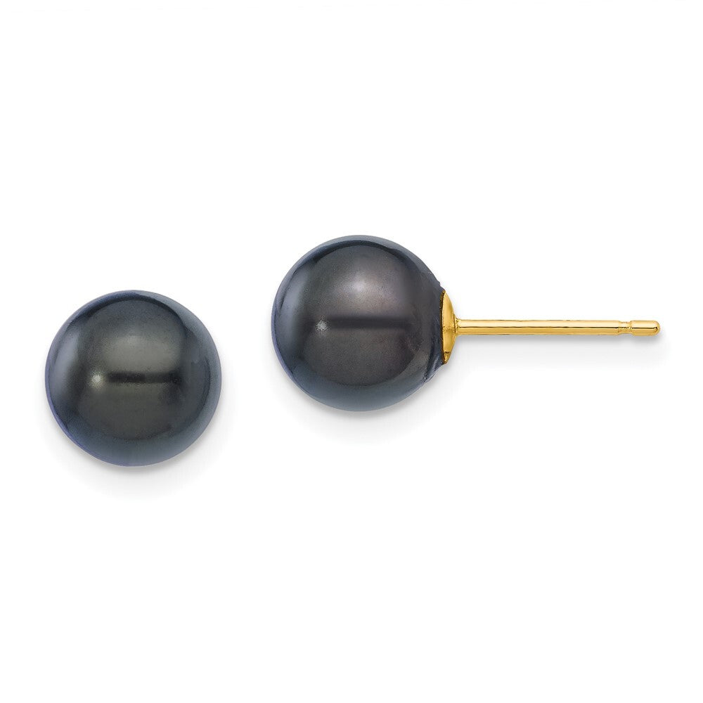 14k Yellow Gold 7-8mm Black Round Akoya Saltwater Cultured Pearl Stud Earrings