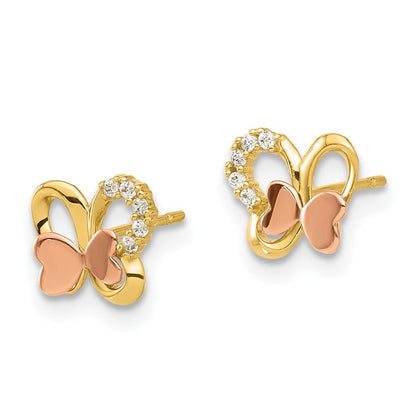 14k Two-Tone Gold Polished Cubic Zirconia Butterfly Stud Earrings