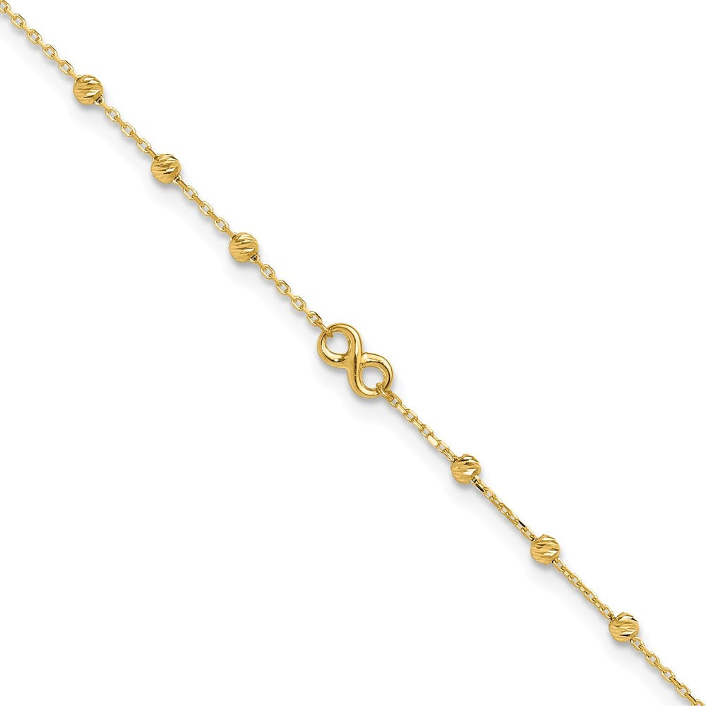 14k Yellow Gold Infinity Symbol and Diamond-cut Beads 11" Anklet