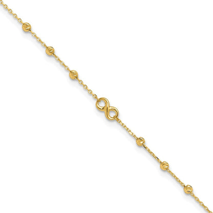 14k Yellow Gold Infinity Symbol and Diamond-cut Beads 11" Anklet