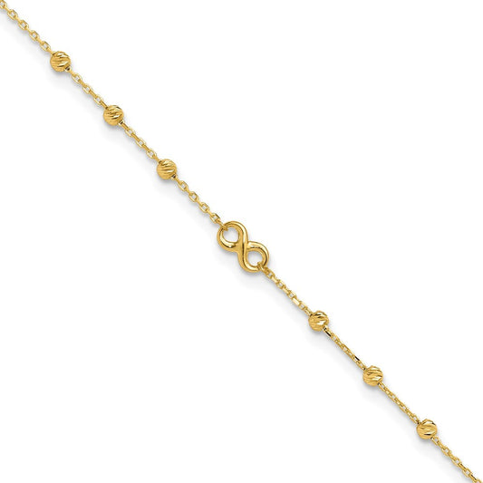 14k Yellow Gold Infinity Symbol and Diamond-cut Beads 11" Anklet