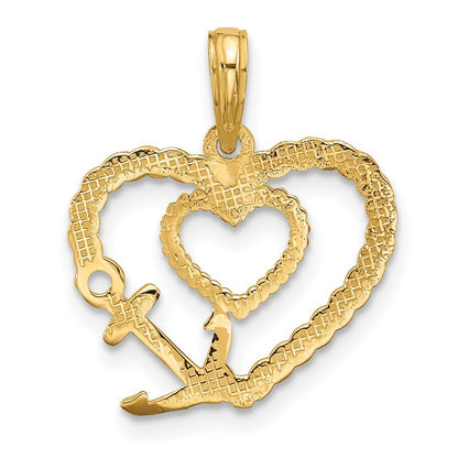 14k Yellow Gold with Rhodium Fancy Rope Heart and Anchor Charm Pendant for Women