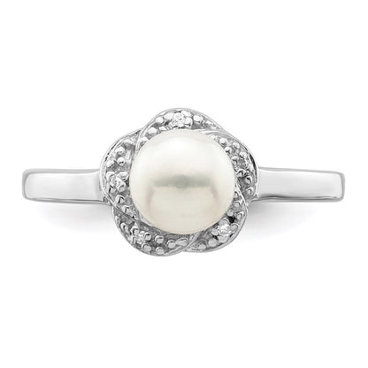 Sterling Silver Rhodium 6mm FW Cultured Button Pearl & Diamond Ring Size 7