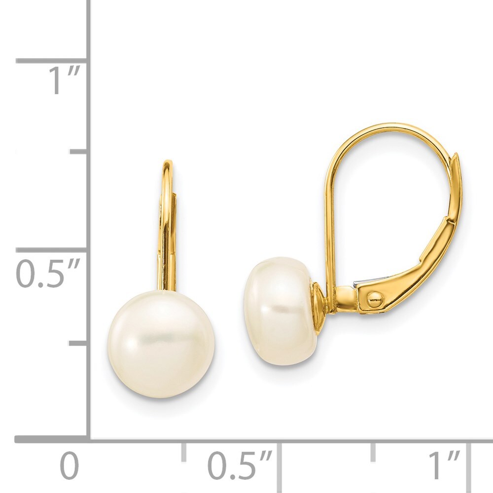 14k Yellow Gold 7-8mm White Button Freshwater Cultured Pearl Leverback Earrings
