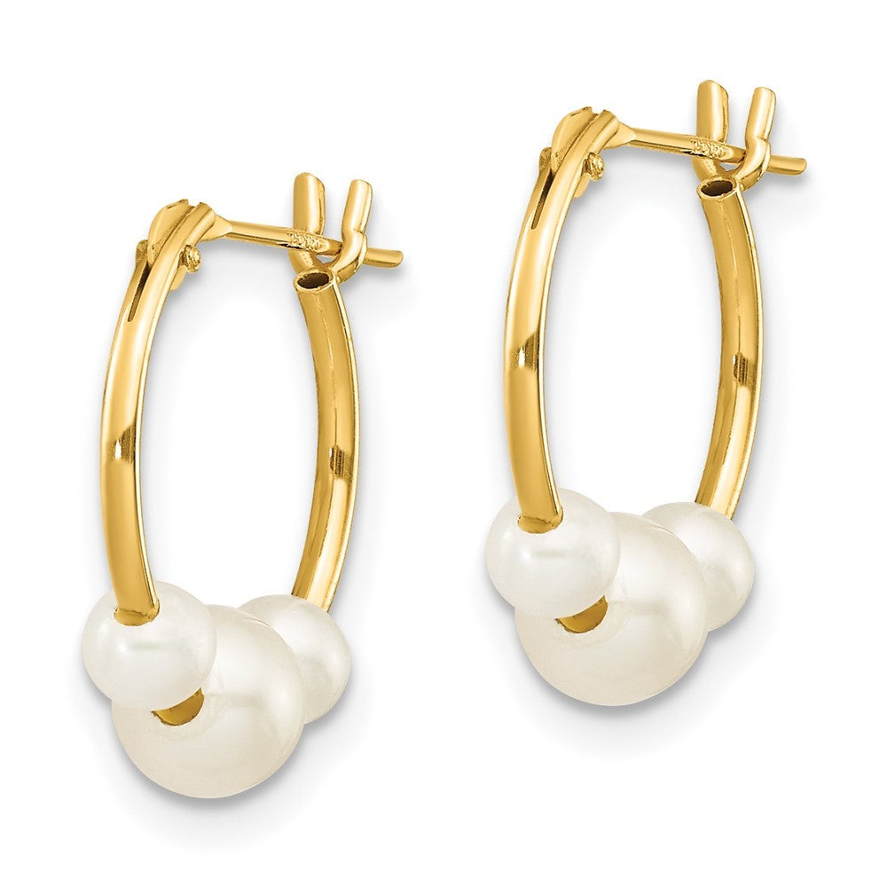 14k Yellow Gold White Semi-round Freshwater Cultured 3 Pearl Hoop Earrings