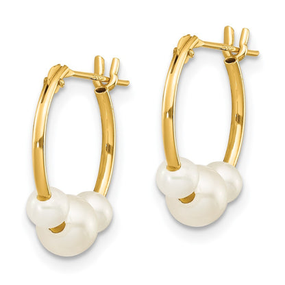 14k Yellow Gold White Semi-round Freshwater Cultured 3 Pearl Hoop Earrings