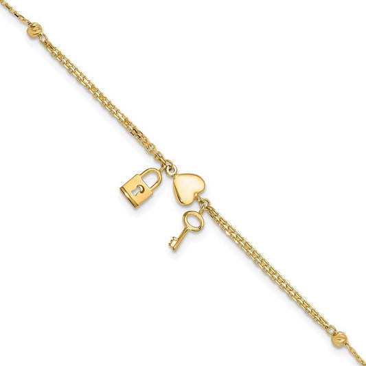 14k Yellow Gold Diamond-cut Heart Lock and Key 7" Bracelet Plus 0.5" Extender