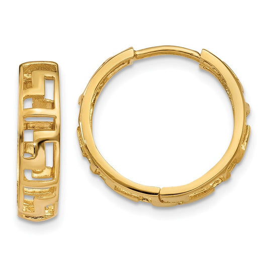 14k Yellow Gold Greek Key Hinged Hoop Earrings Gift for Women