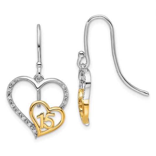 14K Two-Tone Gold Polished Diamond Quinceanera Heart Dangle Earrings