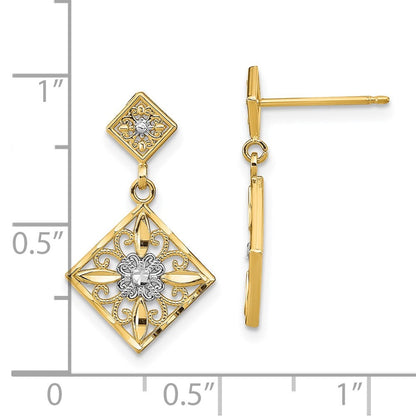 14k Yellow Gold w/Rhodium Diamond-Cut Square Filigree Dangle Earrings